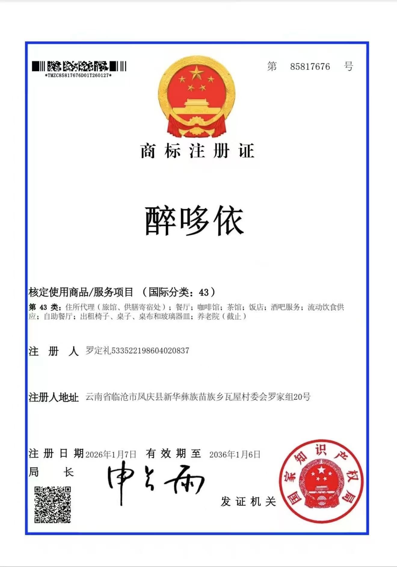 醉哆依·普洱山茅野菜·精品思茅菜商标注册证,注册号85817676,国际分类第43类